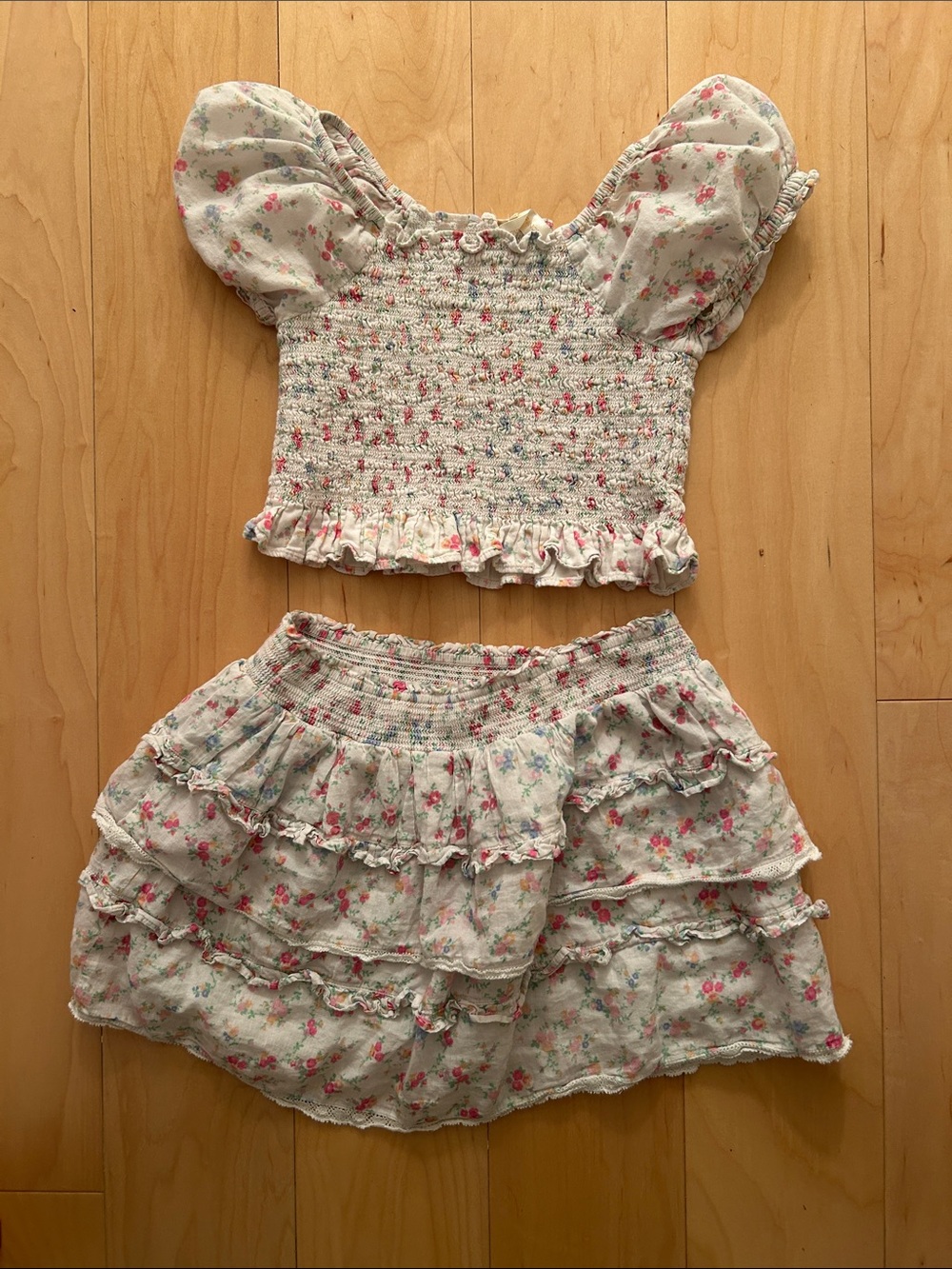 Love Shack Fancy Smocked Top & Tiered Skirt Set - Pink Floral